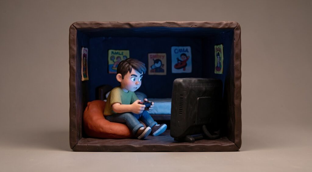 Adolescent jouant à la console dans sa chambre. Pâte à modeler.