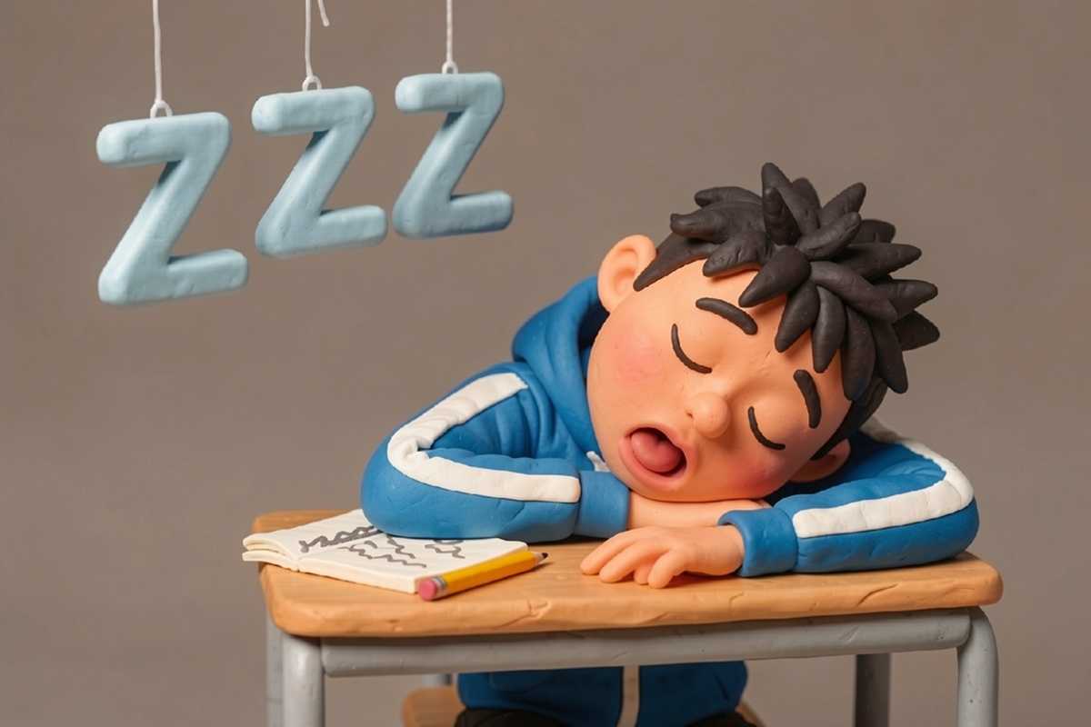 Un jeune dort sur son banc pendant les cours en plein décrochage scolaire. Pâte à modeler.