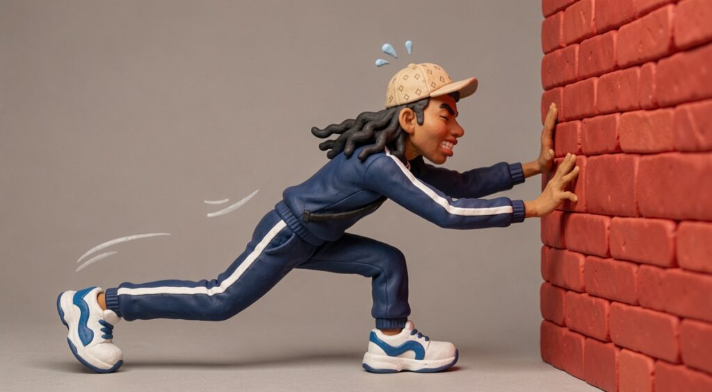 Jeune poussant contre un mur. Scène en plasticine et argile.