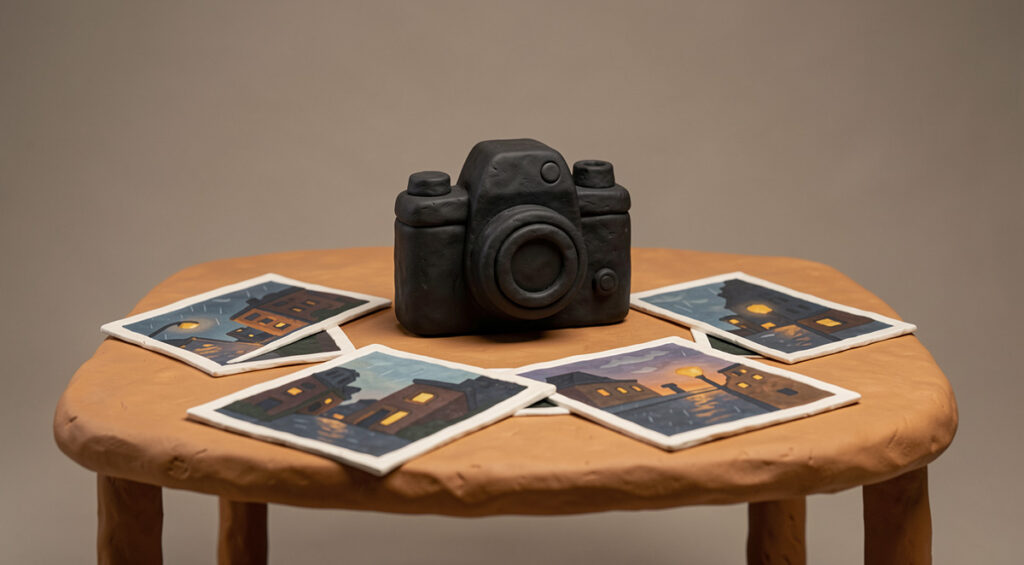 Appareil photo reflex et photos de ville sur une table en bois, pâte à modeler.