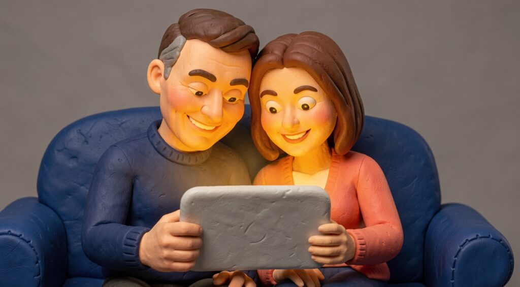 Un couple de quarantenaires regarde avec joie une tablette électronique dont la lumière éclaire leurs visages. Créé en pâte à modeler.