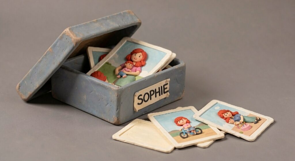 Une boîte à photo souvenirs d'une maman et sa fille. Prénom de la fille : Sophie. En pâte à modeler et papier mâché.