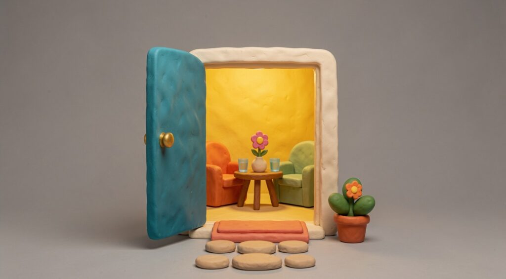 Porte ouverte sur le bureau d'un psychologue où deux fauteuils attendent. Figure en pâte à modeler.