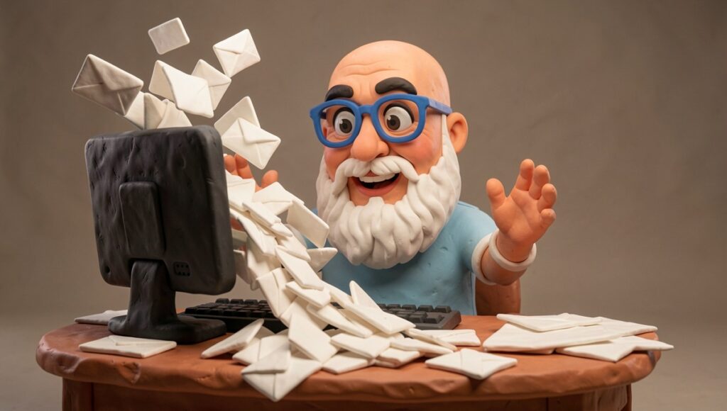 Un homme chauve à la barbe blanche assis à son bureau se réjouit devant son moniteur d'ordinateur qui semble déborder de courrier. Pâte à modeler.