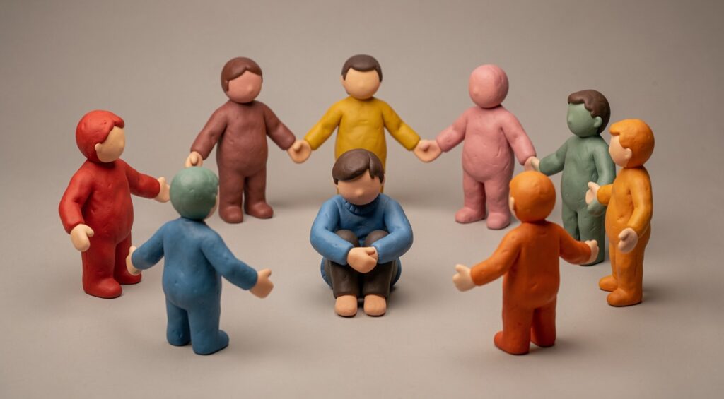 Un groupe de personnes diverses et anonymes forme un filet de sécurité autour d'une personne assise au milieu. Sculpture en plasticine.