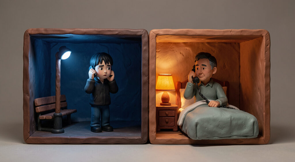 Un fils sorti à l'extérieur appelle son père au milieu de la nuit. Le père est dans son lit. Diaporama en pâte à modeler.