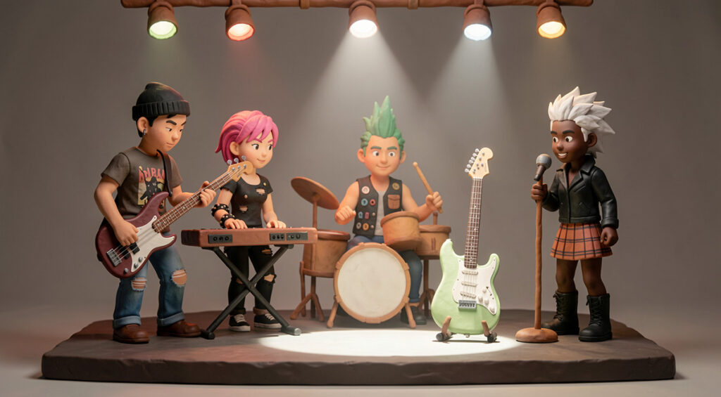 Groupe musical rock, garçons et filles, sculpture en plasticine.