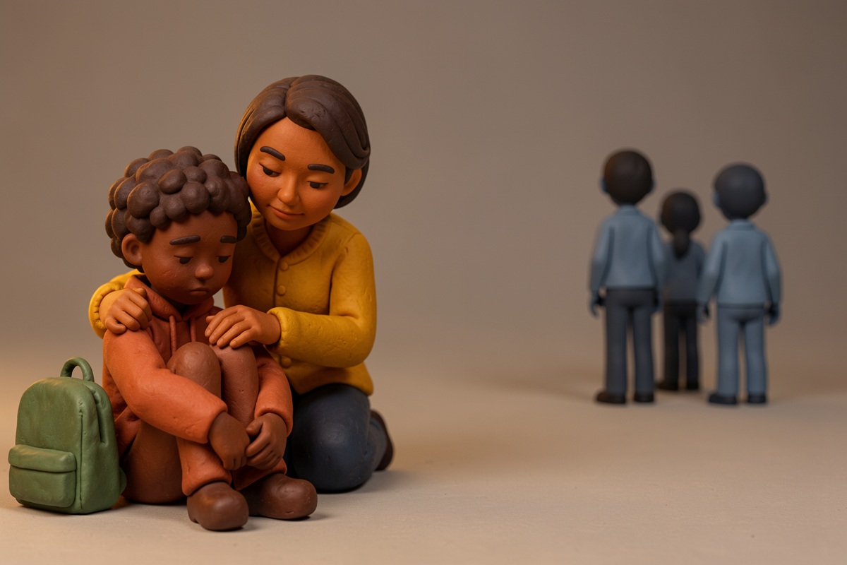 Harcèlement scolaire : Une maman console son ado. Figures en pâte à modeler.