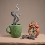 Une tasse de thé chaud, des lunettes, un réveil. Pâte à modeler.