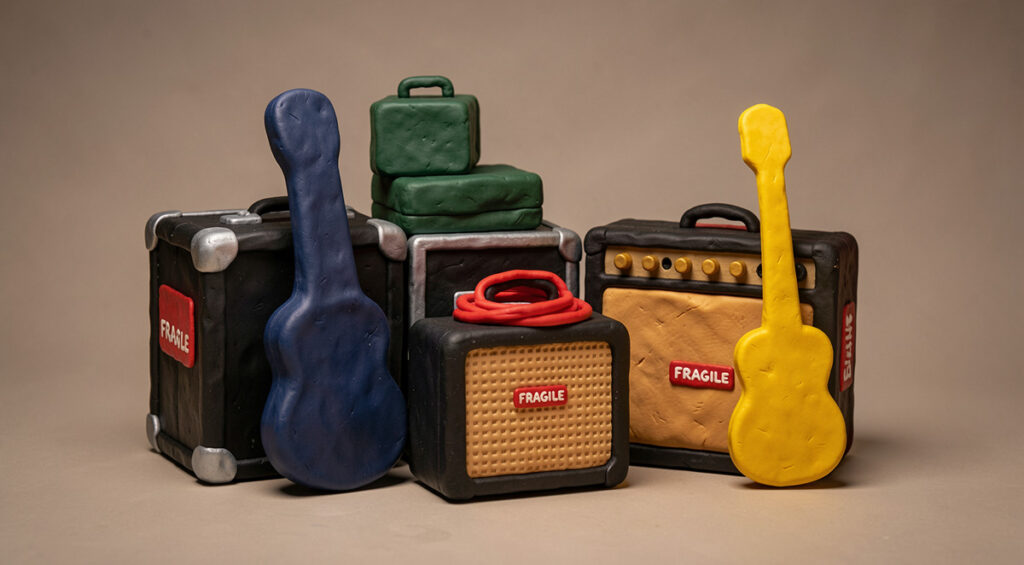 Amplis de guitares, boîtes de guitares, en plasticine.