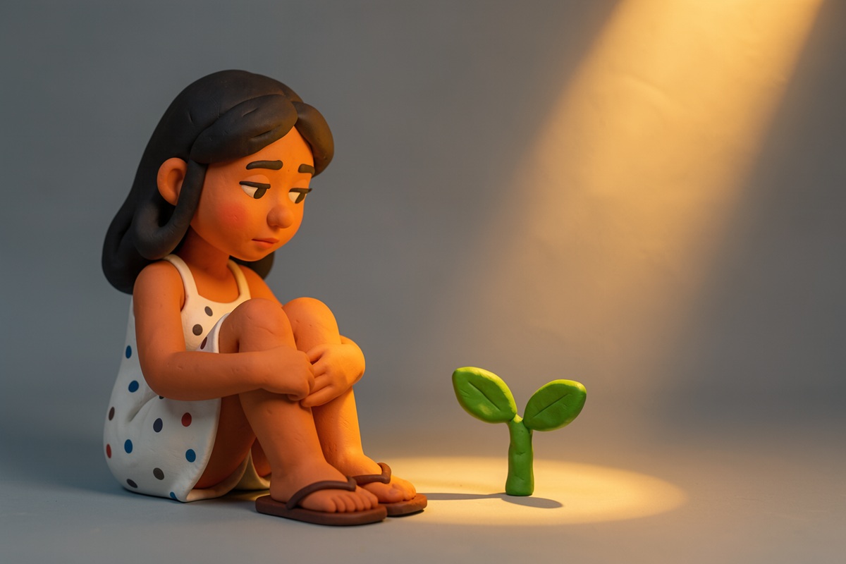 Une jeune adolescente latina vit un moment de mal-être dans sa santé mentale. Figure en pâte à modeler.