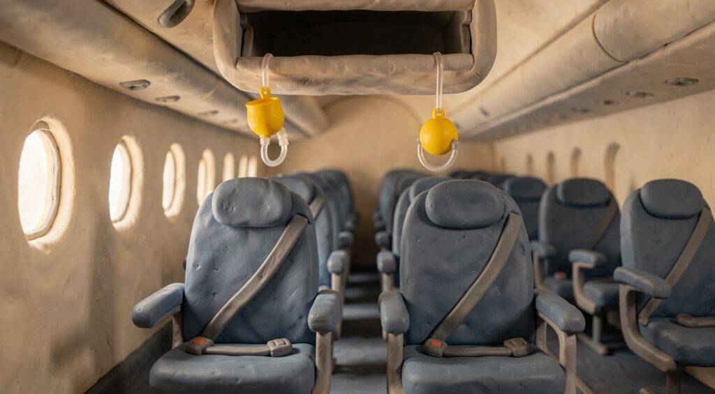 Cabine d'un avion fatigué, sièges fatigué. Deux masques à oxygène sont déployés. Décor en plasticine.
