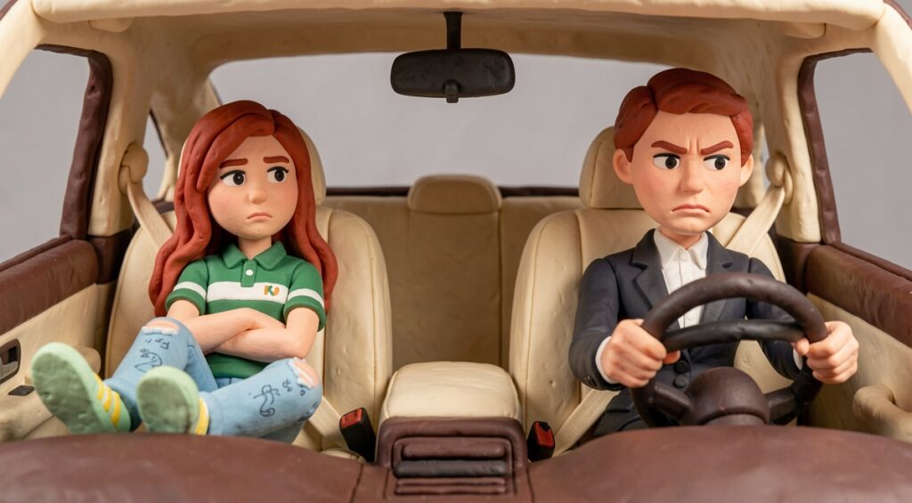 Mère et fille en voiture. La fille a les bras croisés, la mère le visage fâché. Sculpture en pâte à modeler.