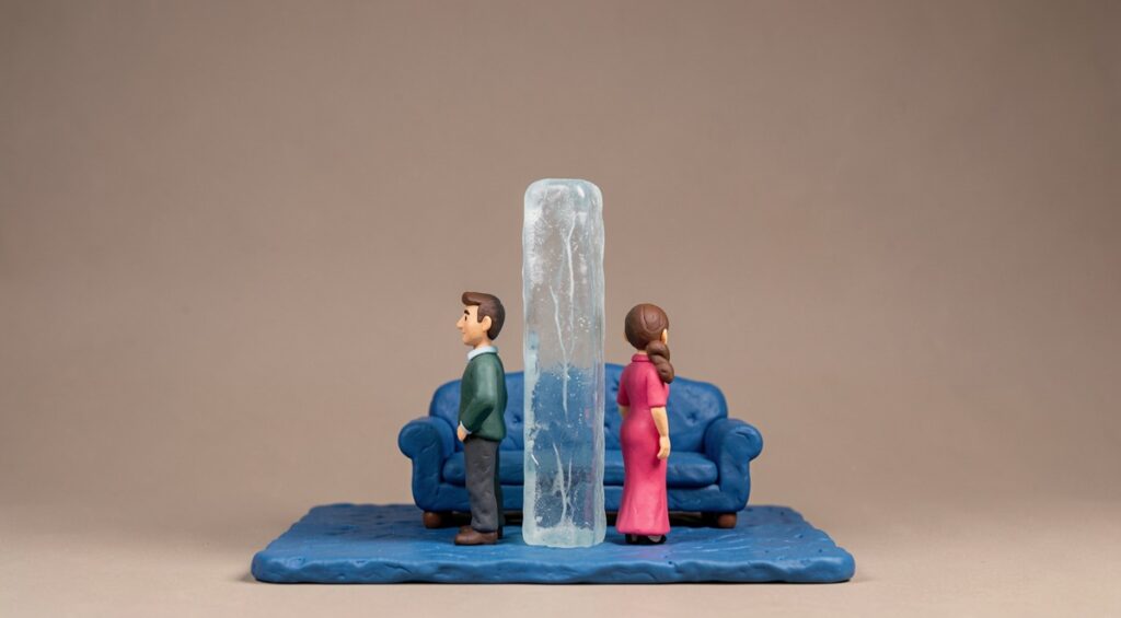Un mur de glace sépare un couple. Argile et plasticine.