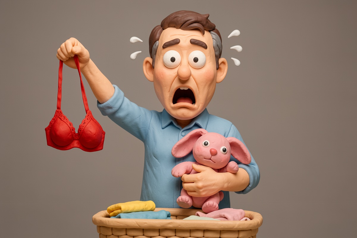 Un papa paniqué trouve un sous-vêtement rouge de sa fille dont il tient encore un jouet d'enfance. Pâte à modeler.