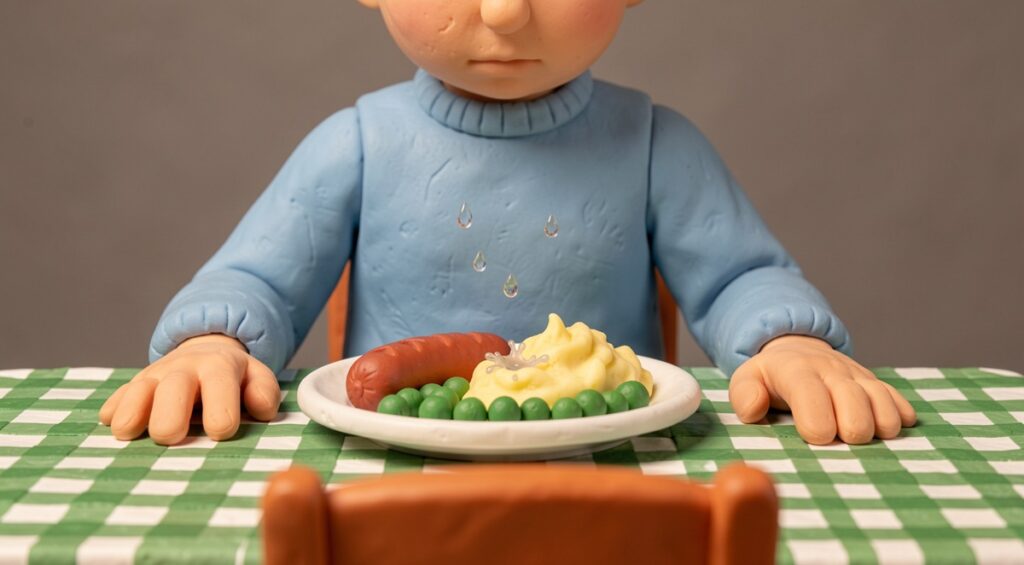 Un parent pleure devant le dîner. Quelques larmes coulent dans la purée. Sculpture en plasticine et résine.