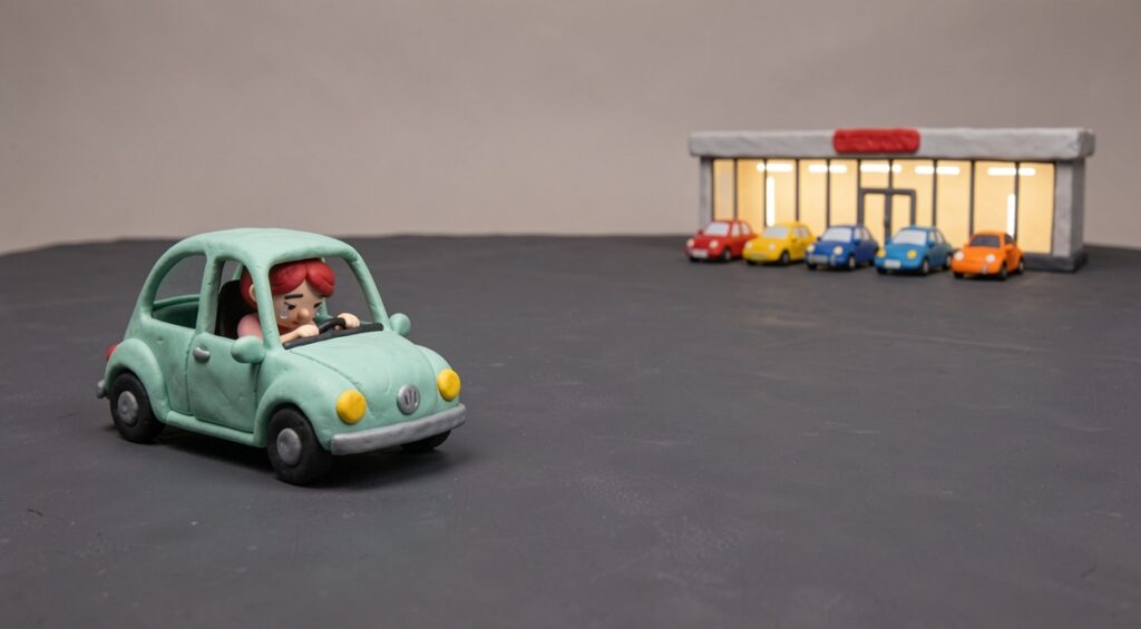 Femme qui pleure dans sa voiture sur le parking d'un supermarché. Scène en argile et pâte à modeler.