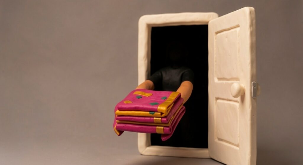 Une porte s'ouvre. A travers celle-ci, une silhouette habillée de noir tend un sari plié et coloré. Argile et pâte à modeler.