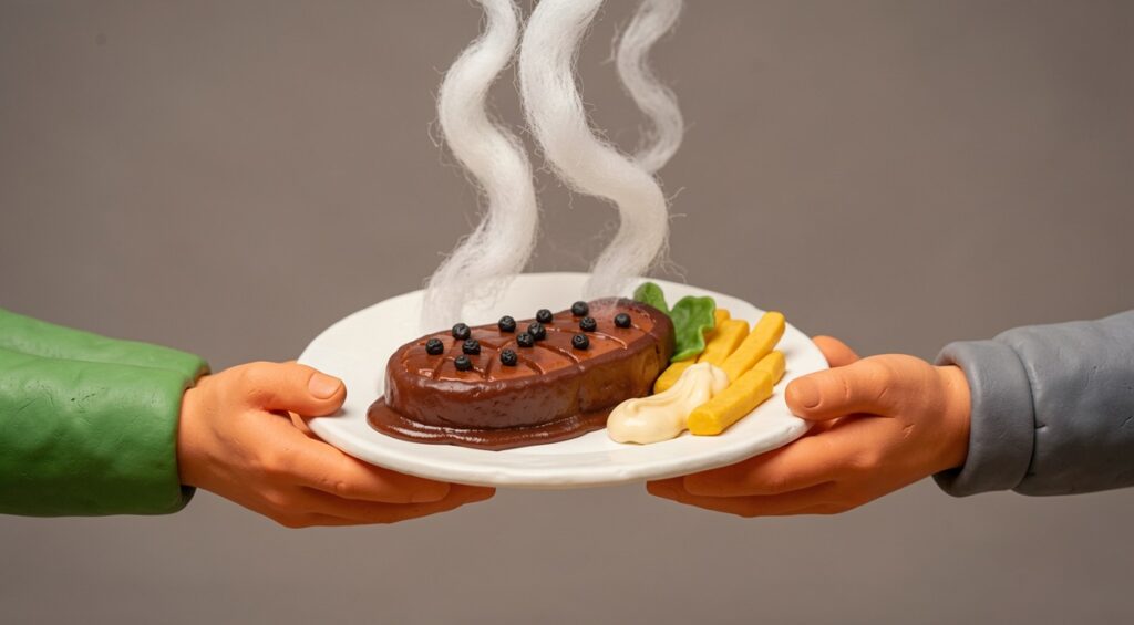 Deux personnes s'échangent une assiette de steak au poivre, frites, salade et mayonnaise. Scène en pâte à modeler et ouate.