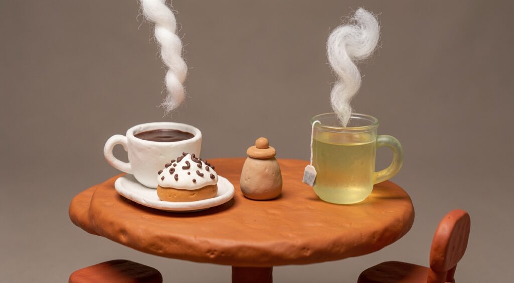 Un café, un merveilleux et une tisane fumant. Plasticine et pâte à modeler.