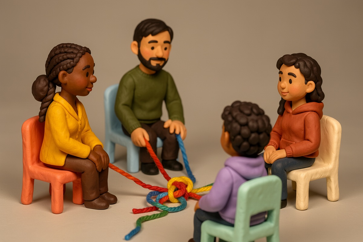Une famille multiculturelle apprend à mieux communiquer en thérapie familiale. Personnages en pâte à modeler.