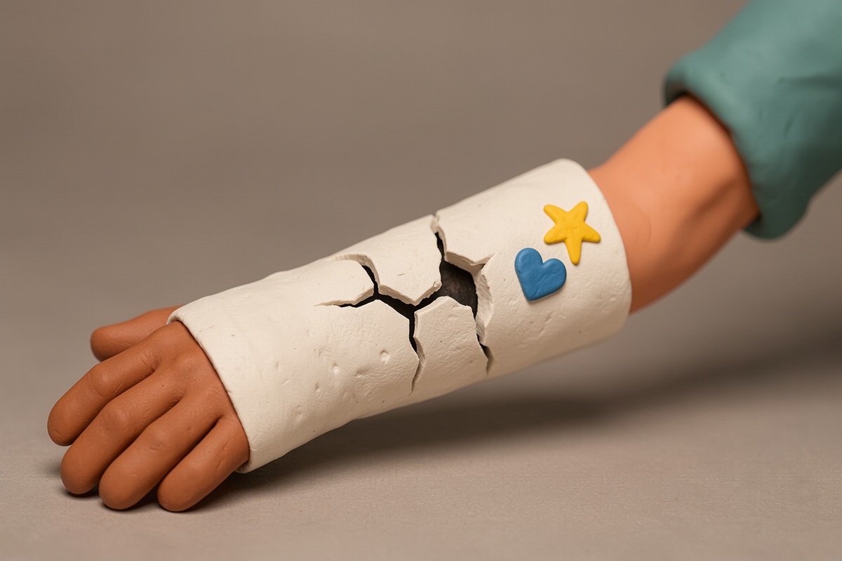 Un jeune victime de violences intrafamiliale montre son plâtre cassé. Pâte à modeler.