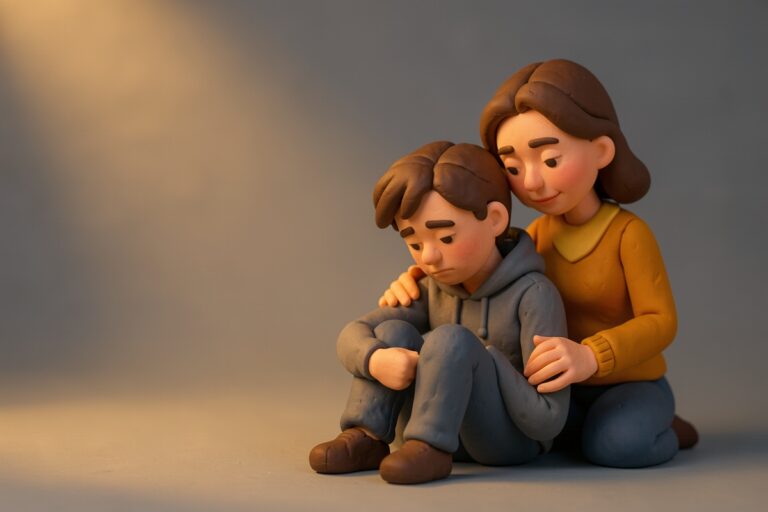 Un adolescent triste est assis par terre. Sa maman se tient derrière lui et le serre. Figures en pâte à modeler.