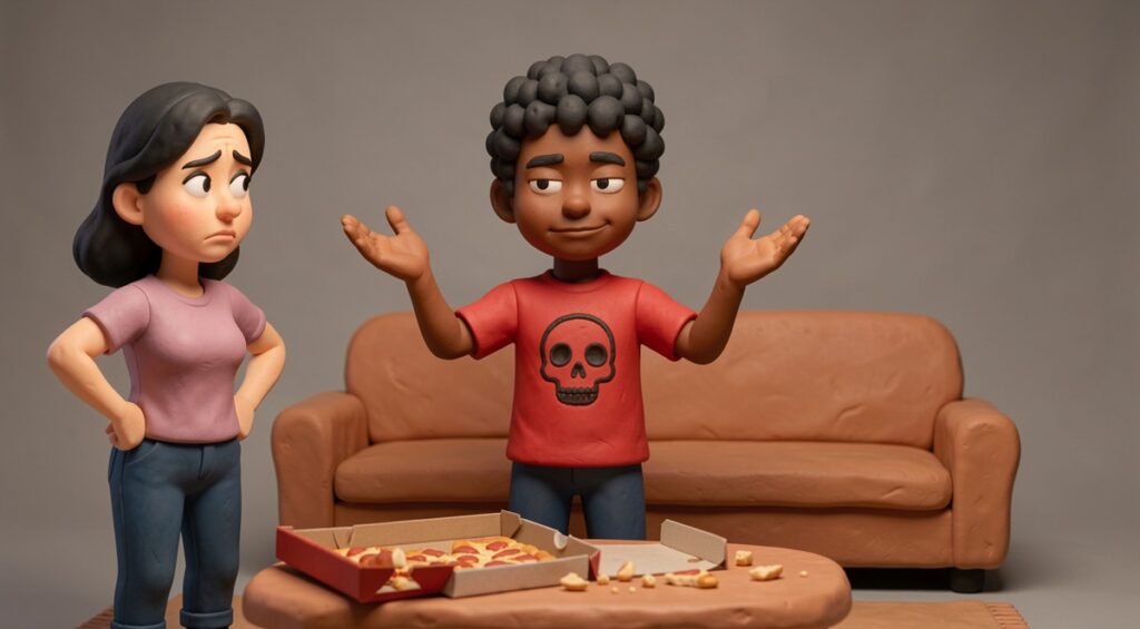 Mère blanche et fils ado métis au salon. Le fils hausse les épaules. Restes de pizza sur la table. Figures en pâte à modeler.