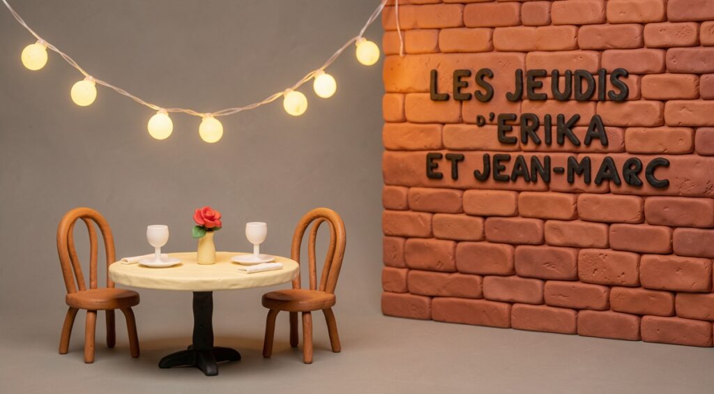 Petite terrasse de café avec deux chaises prêtes pour un rendez-vous amoureux. Sur le mur, il est écrit "les jeudis d'Erika et Jean-Marc". Scène en pâte à modeler.