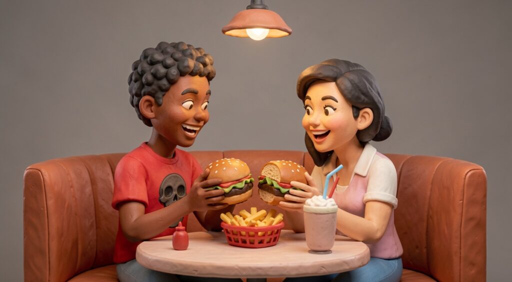 Mère et fils métis partagent un moment de complicité en mangeant un hamburger ensemble au restaurant. Figures en pâte à modeler.