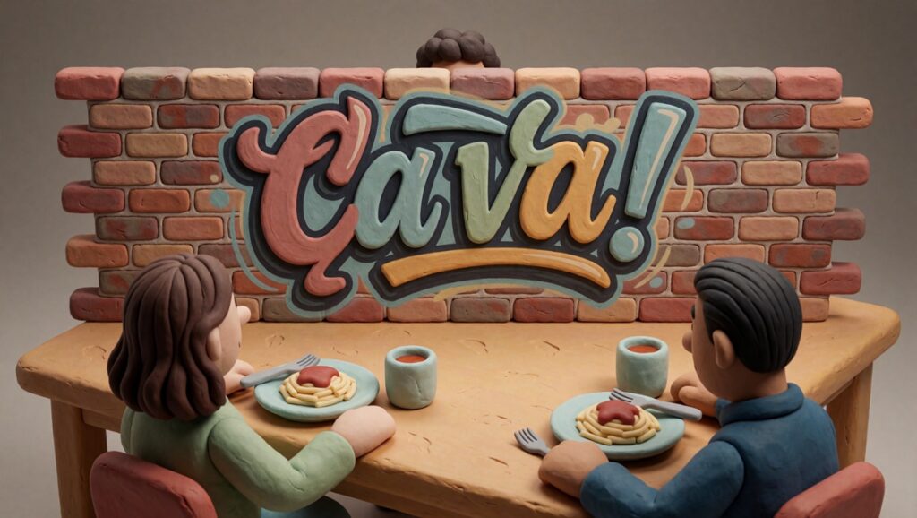 Une famille mange autour d'une table. L'ado est caché derrière un mur de brique sur lequel est taggé un grand ça va. Scène en pâte à modeler.