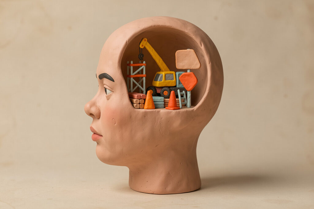 Un cerveau d'adolescent en construction. Figure en pâte à modeler.