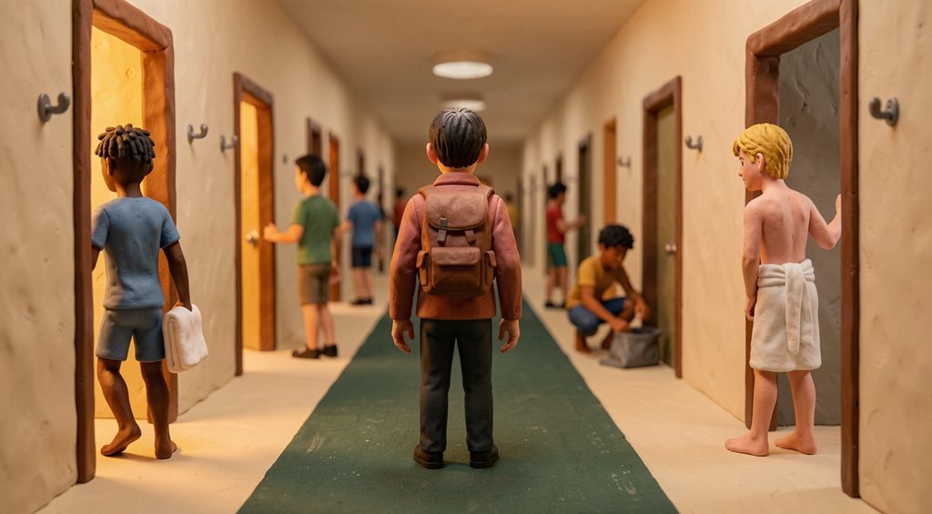 Adolescent immobile sac au dos au milieu d'un couloir d'auberge où des garçons entrent et sortent des chambres. Scène en pâte à modeler.