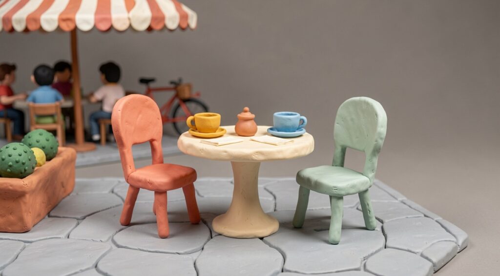 Sur une terrasse de café, deux chaises sont prêtes pour recevoir des gens à la vue de tous. Scène en pâte à modeler.