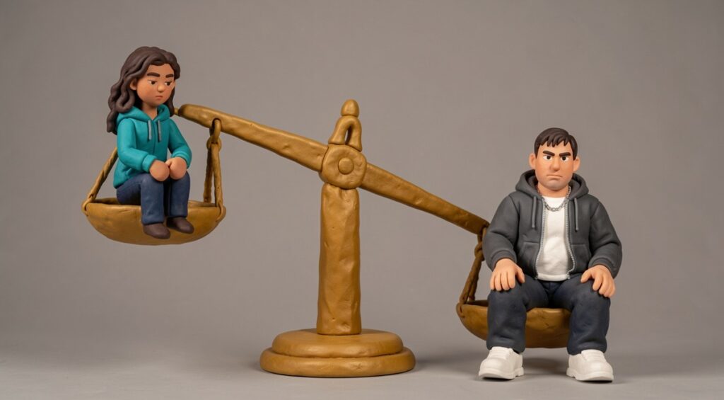 Une adolescente et un jeune homme assis sur une balance. Expression du déséquilibre d'une relation. Figures en pâte à modeler.