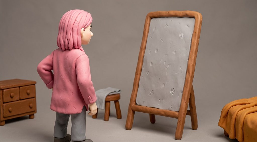 Adolescent aux cheveux roses face à un miroir en pâte à modeler dont la surface est entièrement vide. Scène en pâte à modeler.
