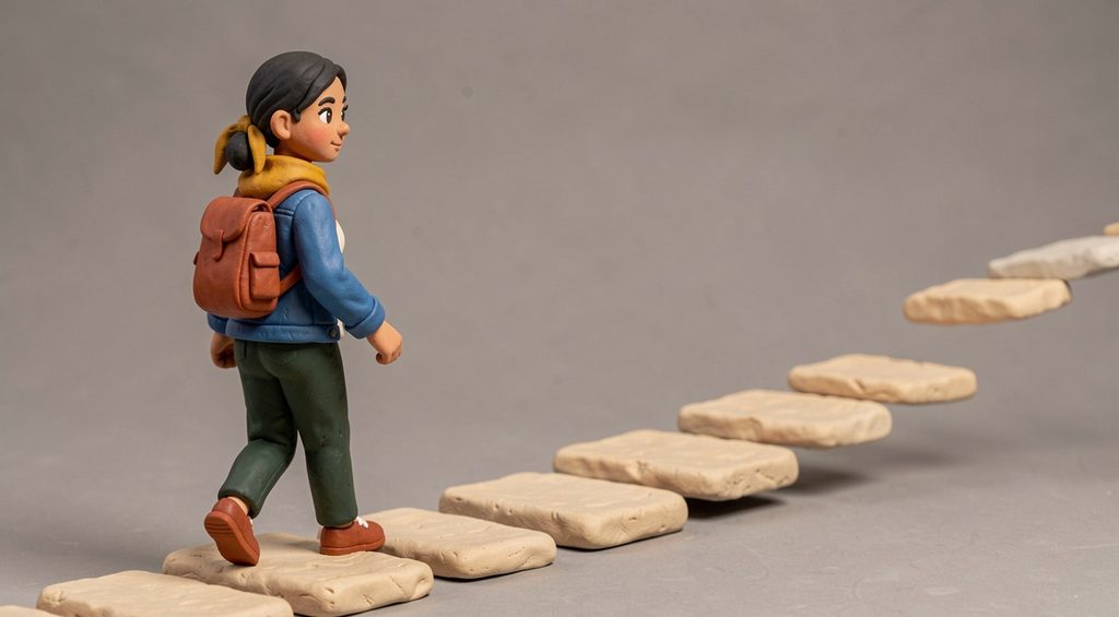 Adolescente marchant sur un chemin de pierres en pâte à modeler qui continue au-delà du haut de l'image. Scène en pâte à modeler.
