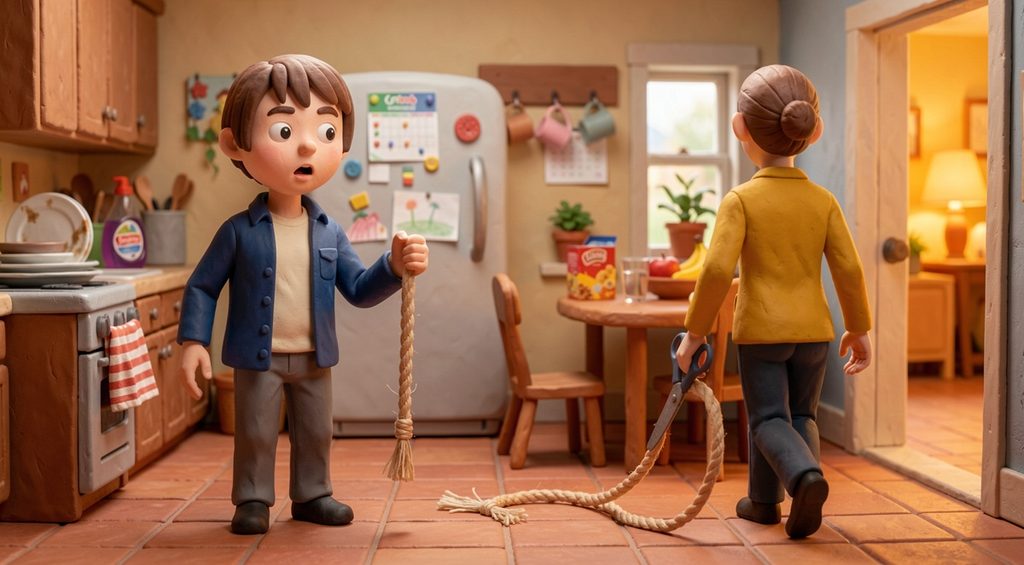 Mère quittant la cuisine avec des ciseaux et un bout de corde coupée, son fils tenant l'autre bout. Scène en pâte à modeler.