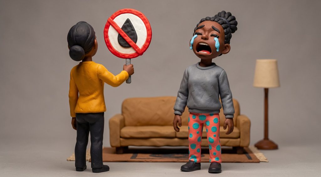Adolescente en pleurs, sa mère brandissant un panneau d'interdiction barrant une goutte de larme. Scène en pâte à modeler.