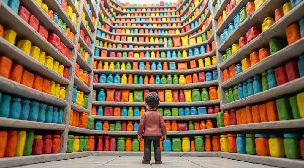 Adolescent immobile de dos devant un présentoir de boutique rempli de produits colorés. Scène en pâte à modeler.