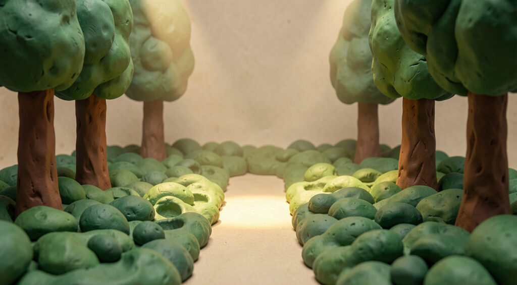 Une forêt où un chemin se trace. scène en pâte à modeler.