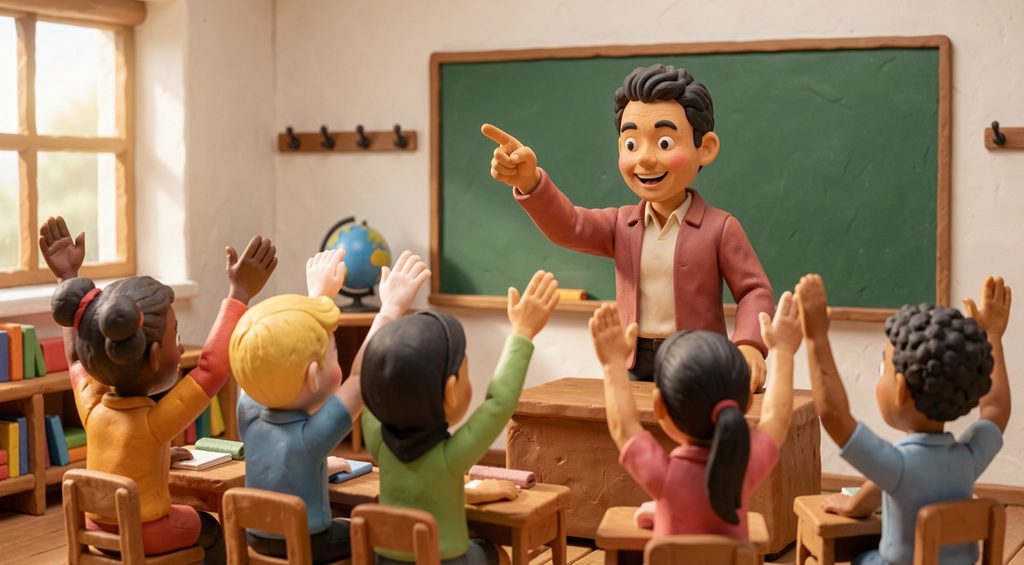 Instituteur souriant désignant un enfant dans une classe où tous les élèves lèvent le doigt. Scène en pâte à modeler.