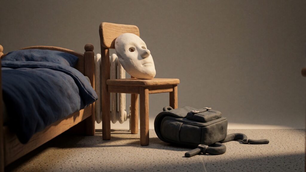 Un masque de plâtre déposé sur la chaise de la chambre d'un ado. Au pied de la chaise, un sac d'école. Derrière la chaise, un lit. Pâte à modeler, plâtre et tissu.