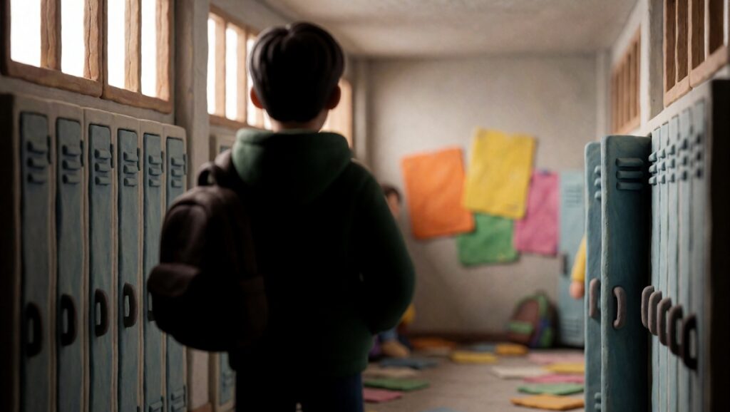 Un ado vu de dos dans les couloirs en désordre de son école. Scène en pâte à modeler.