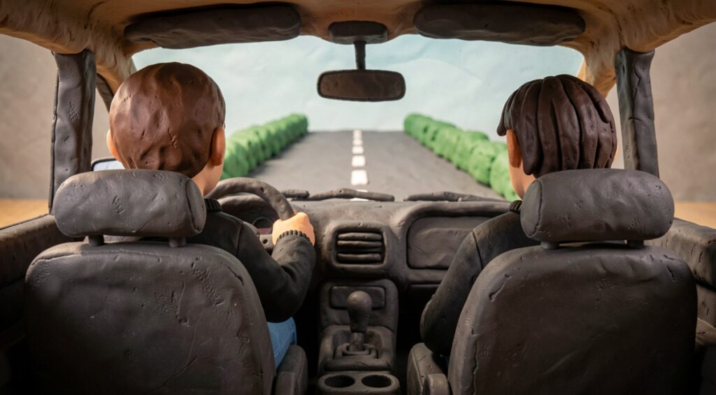 Un parent et son ado en voiture, vus de dos. Scène en pâte à modeler.