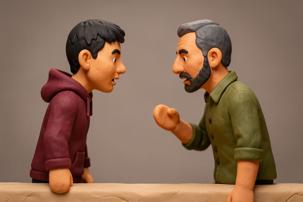 Un ado et son père se disputent. Figures en pâte à modeler.