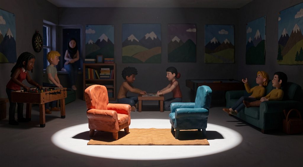 Deux fauteuils vides face à face éclairés par un cercle de lumière, le reste de la salle dans la pénombre. Scène en pâte à modeler.