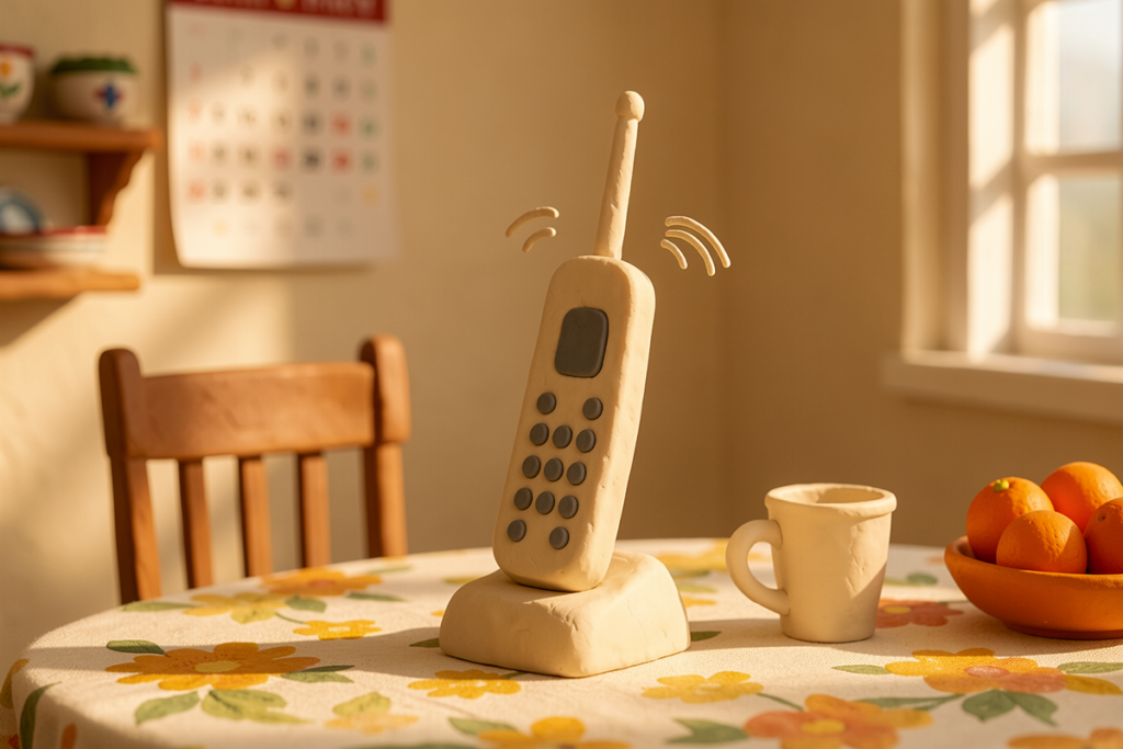 Dans les années 2000, un téléphone sans fil sonne sur la table de la cuisine. Scène en pâte à modeler.