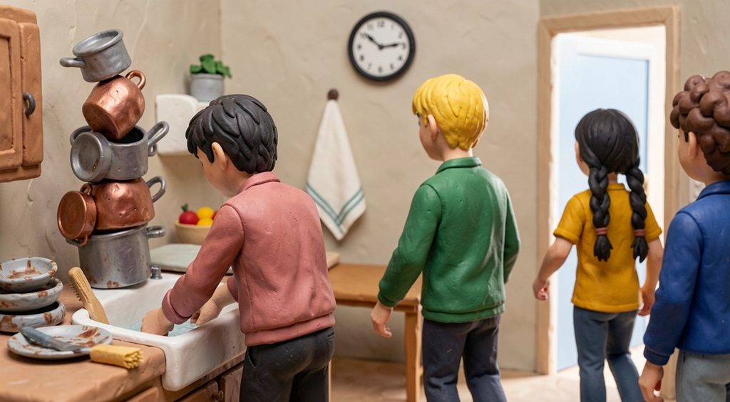 Adolescent seul devant un évier rempli de casseroles pendant que les autres jeunes quittent la cuisine. Scène en pâte à modeler.