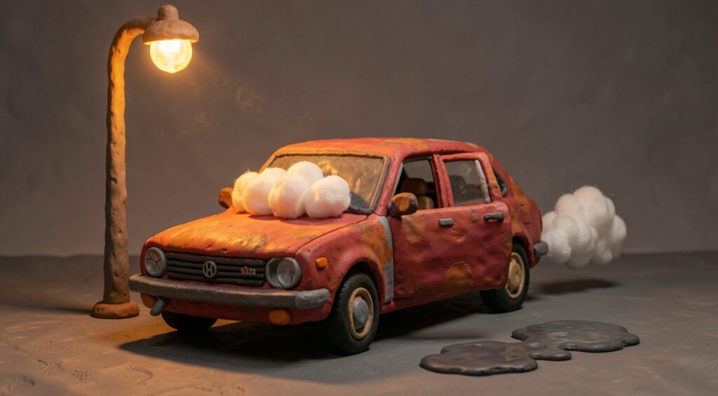 Une vieille voiture fumante garée sous un lampadaire. Argile, pâte à modeler et ouate.